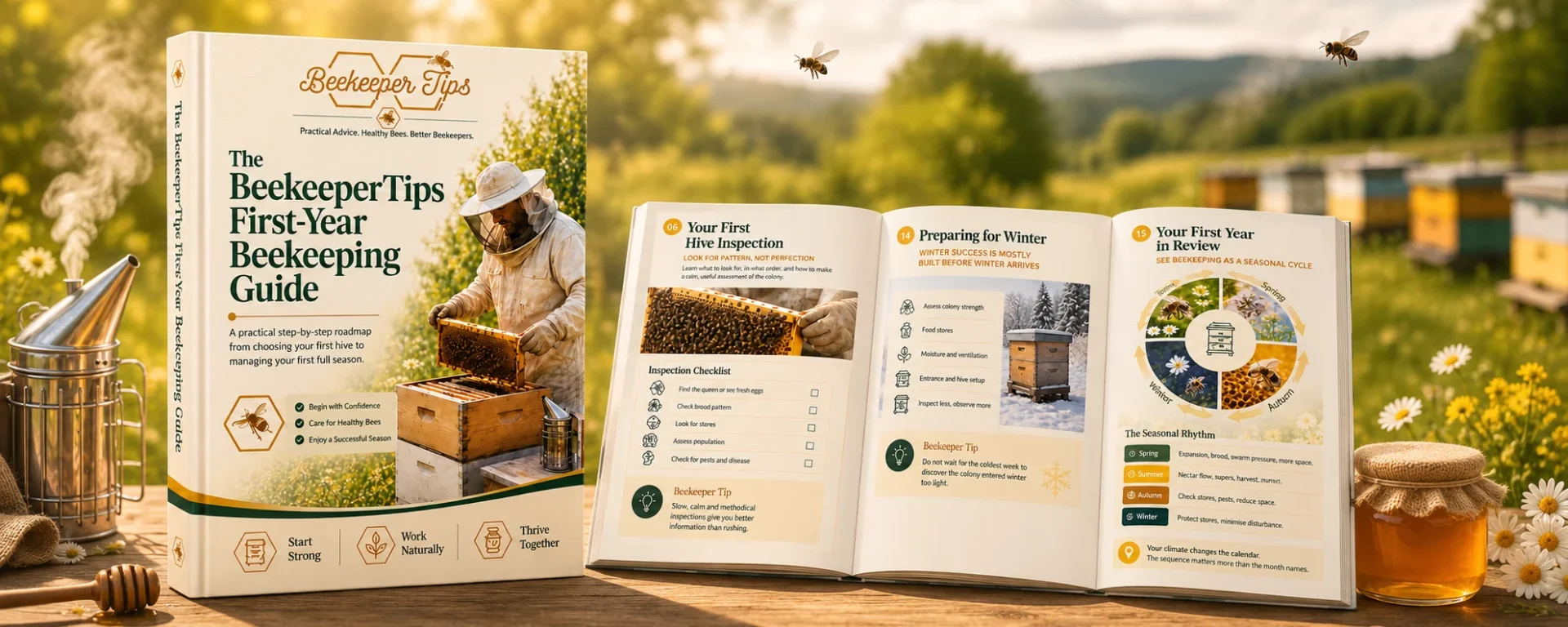 Beekeepertips Beginners Guide to Beekeeping on a table