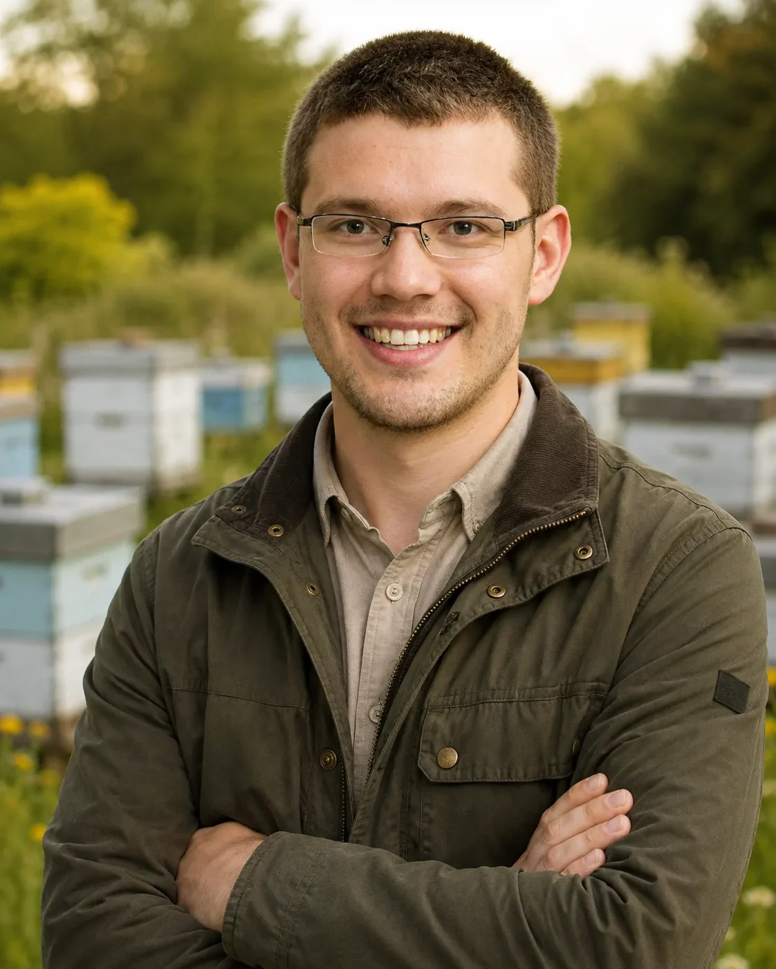 Beekeeper Sam Fielding standing with the bee hives