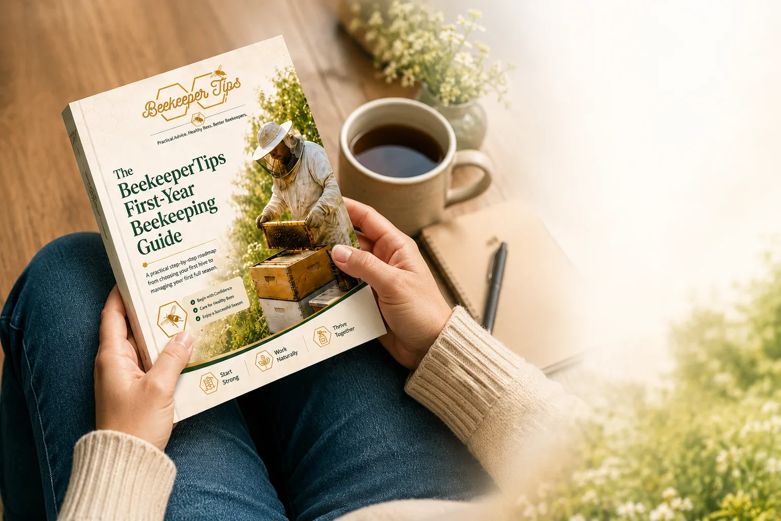 woman reading the Beekeepertips Guide to your first year in beekeeping